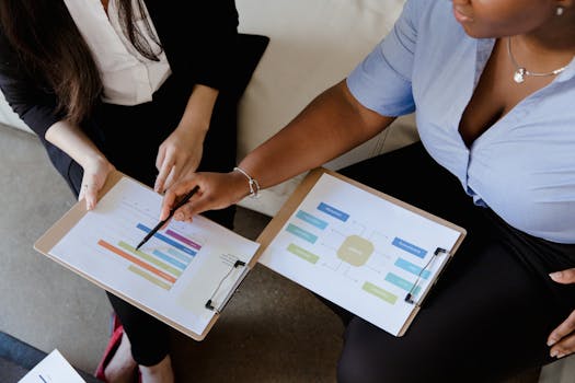 Two colleagues analyze graphs and reports on clipboards during an office meeting.