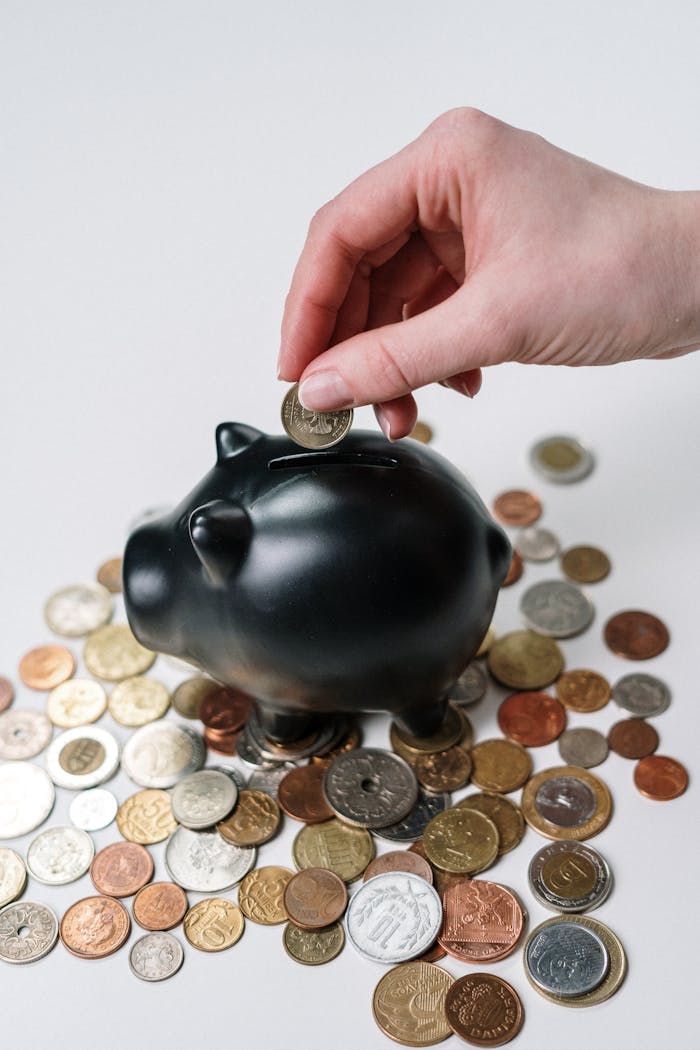 why-choose-us Hand inserting coin into a black piggy bank surrounded by various coins, symbolizing savings.